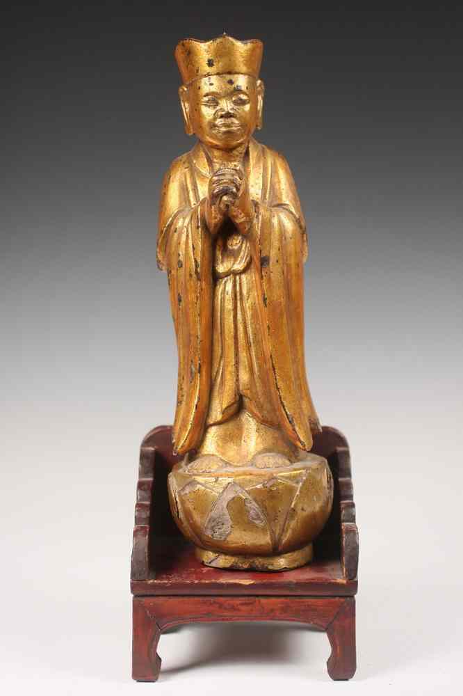 Appraisal: GILT CARVED FIGURE ON STAND - Khmer Palm Wood Carving