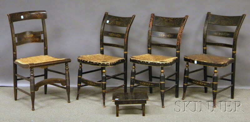 Appraisal: Four Painted and Stencil-decorated Fancy Side Chairs and a Cricket