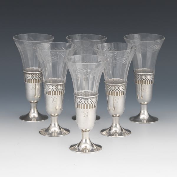 Appraisal: SIX SHMITZ MOORE CO ART DECO STERLING AND GLASS COFFEE