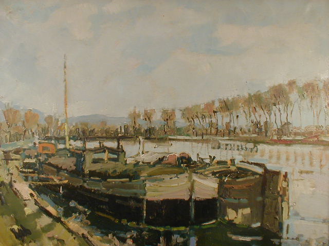 Appraisal: Charles Jousset - Barges on the Seine oil on canvas