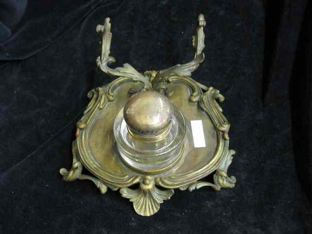 Appraisal: Victorian Bronze Inkstand crystal inkwell fancy pen rest rococo design