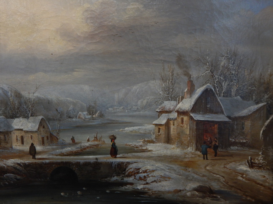 Appraisal: thC Continental School Village winter scene oil on canvas cm