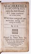 Appraisal: MACHIAVELLI NICCOL Machiavels Discourses upon the First Decade of T