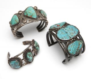 Appraisal: Three Native American turquoise and silver cuffs Three turquoise and