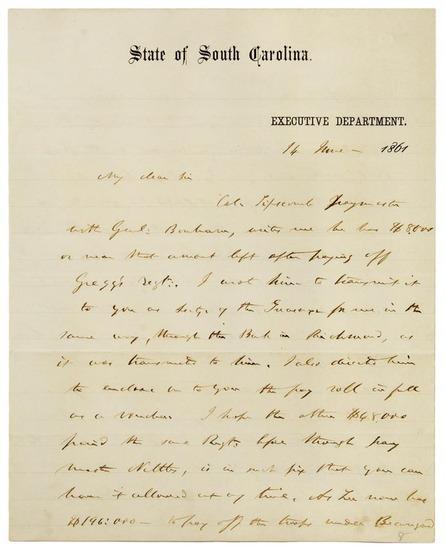 Appraisal: SOUTH CAROLINA - Francis Wilkinson PICKENS Autograph letter signed to