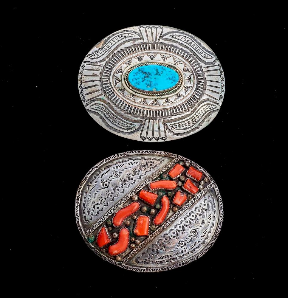 Appraisal: NAVAJO BELT BUCKLES Two Vintage old pawn turquoise coral and