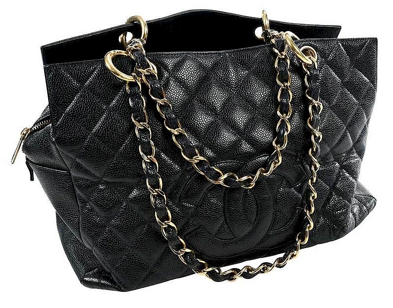 Appraisal: Chanel Black Quilted Shoulder Bag black leather two gold tone