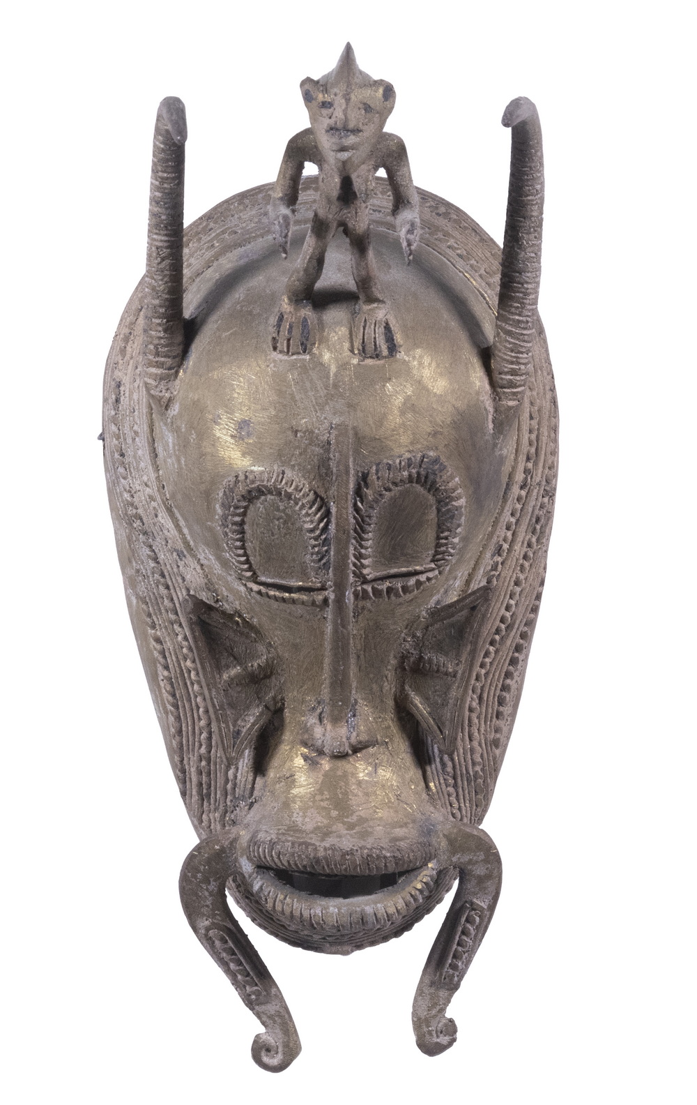 Appraisal: CIRCA SENUFO BRONZE MASK Horned Wall Mask with scarifiction figure