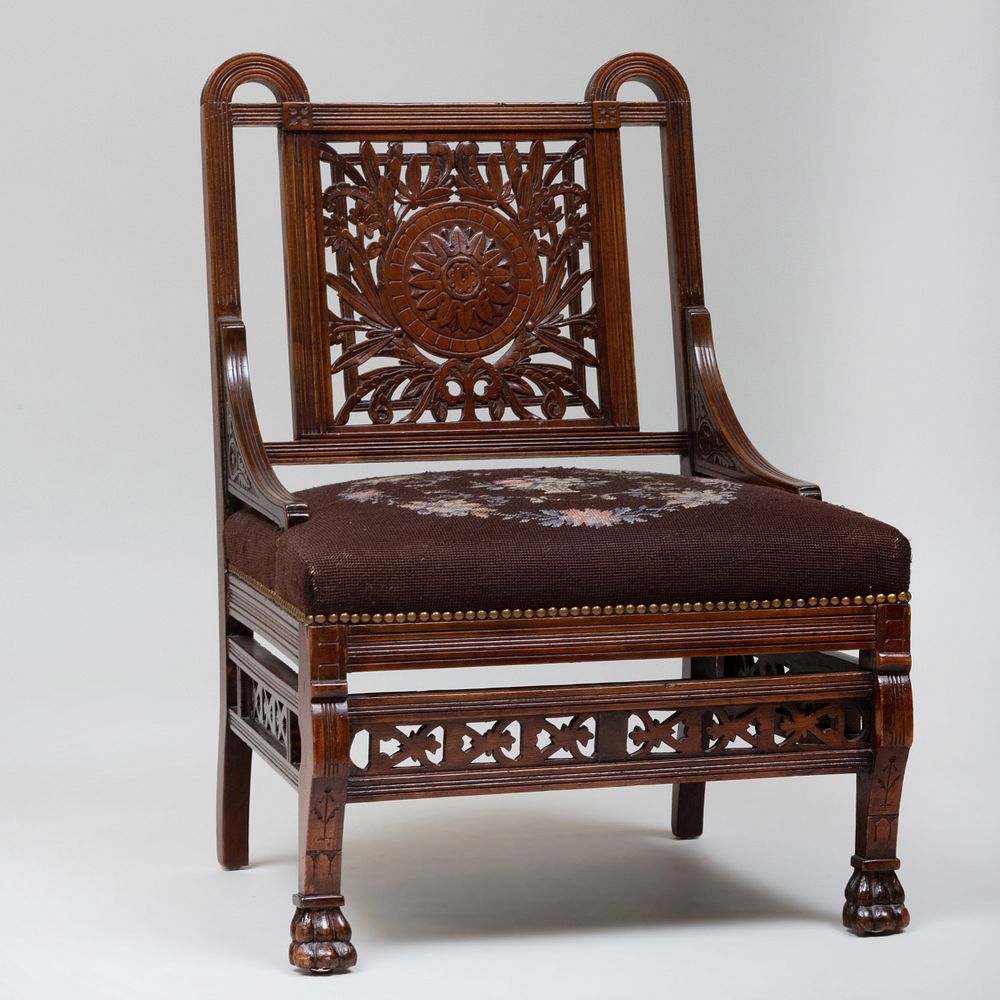 Appraisal: Aesthetic Movement Carved Mahogany Side Chair Upholstered in a floral