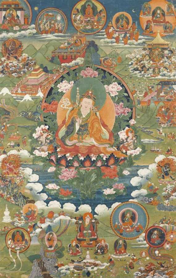 Appraisal: A VERY DETAILED THANGKA OF PADMASAMBHAVA AND SCENES OF HIS