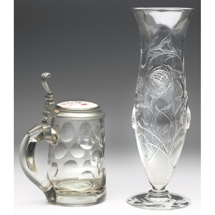 Appraisal: German stein clear glass with pewter and porcelain lid monogrammed