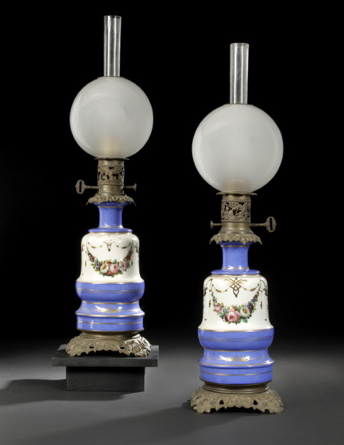 Appraisal: Attractive Pair of Bronze-Patinated Brass-Mounted Paris Porcelain Carcel Lamps third