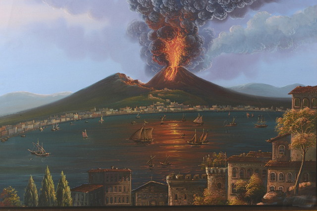 Appraisal: Early th Century Italian SchoolBay of Naples with Vesuvio erupting