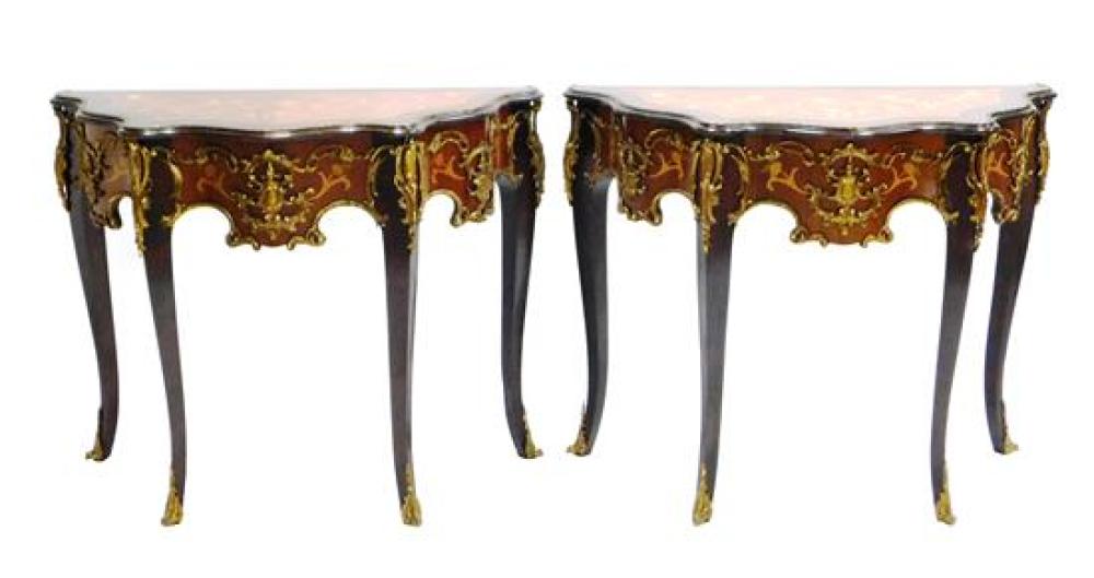 Appraisal: Pair of Louis XVI style serpentine stands ornate pierced metal