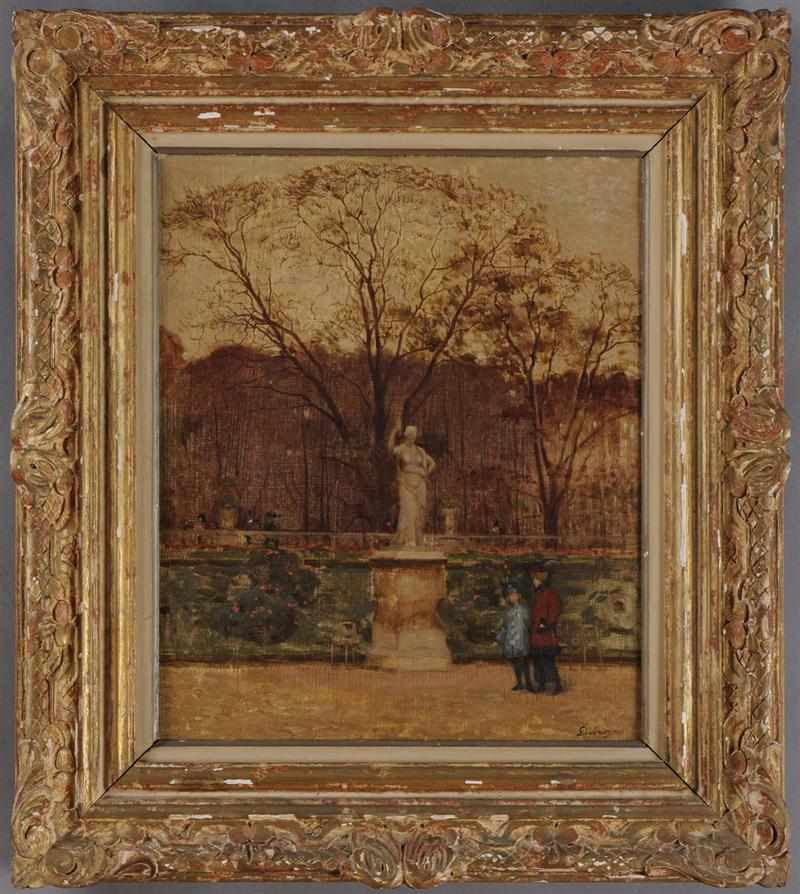 Appraisal: ENGLISH SCHOOL STROLLING IN THE PARK Oil on canvas signed