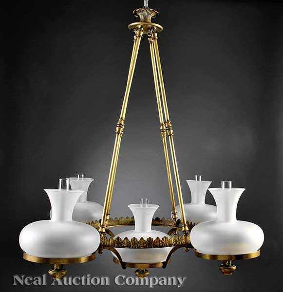 Appraisal: A Rare American Gilt Lacquered Brass and Bronze Five-Light Sinumbra