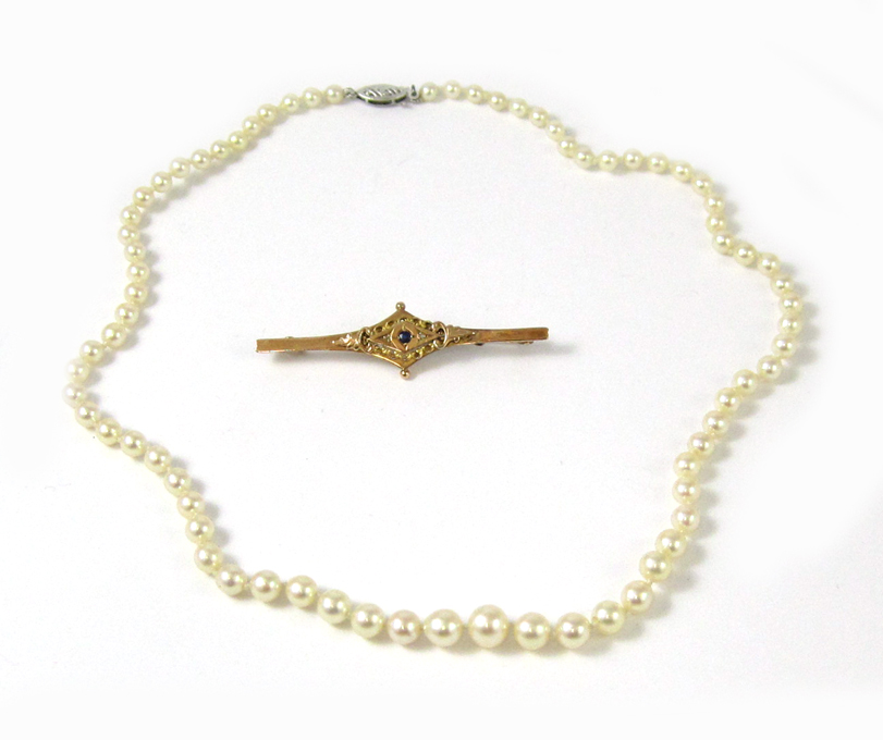 Appraisal: PEARL NECKLACE AND YELLOW GOLD BAR PIN The - inch