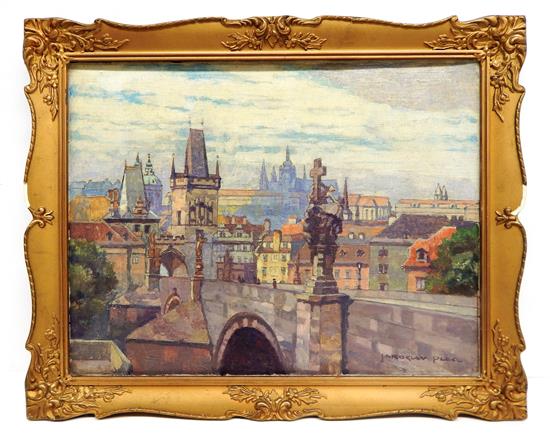 Appraisal: Jaroslav Pukl oil on canvas board depicting a European cityscape