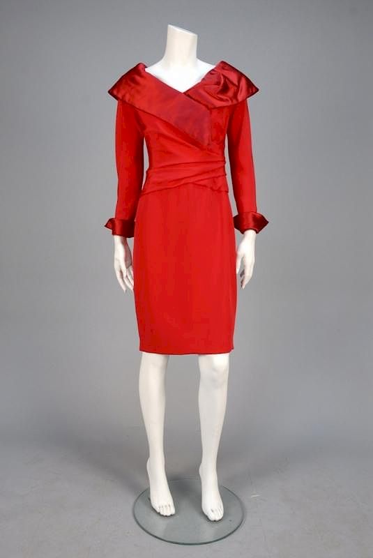 Appraisal: CHRISTIAN LACROIX COUTURE COCKTAIL DRESS Red silk having wide asymmetrical