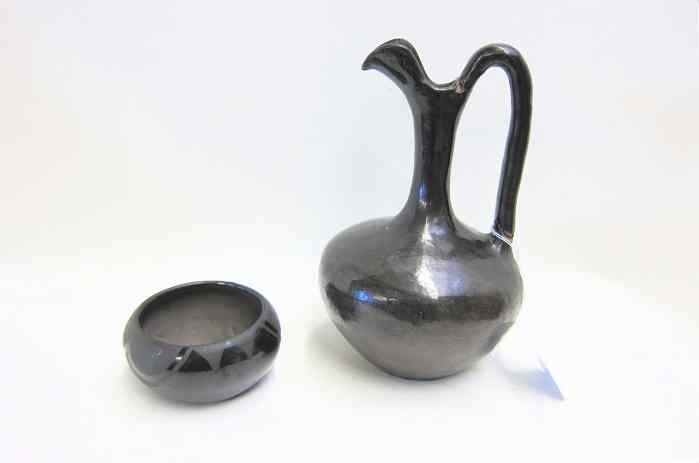 Appraisal: TWO SAN ILDEFONSO PUEBLO BLACK POTTERY PIECES water pitcher ''