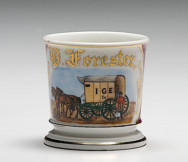 Appraisal: OCCUPATIONAL SHAVING MUG WITH ICE WAGON porcelain with polychrome painted