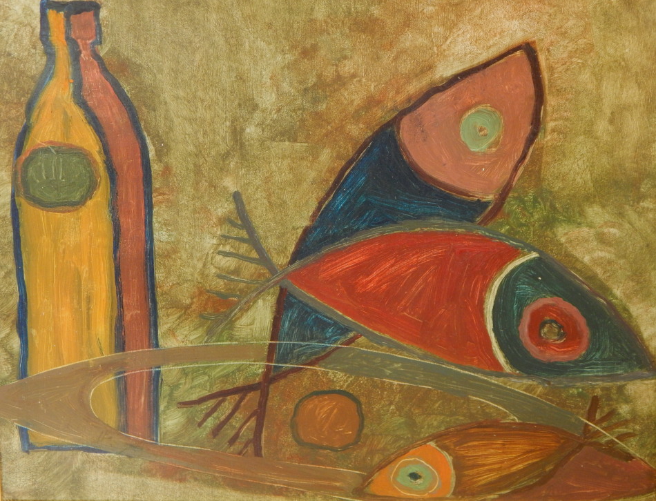 Appraisal: th Century School Fish and bottle still life oil on