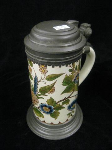 Appraisal: Mettlach Pottery Stein Faience style pewter lid liter floral scarcer