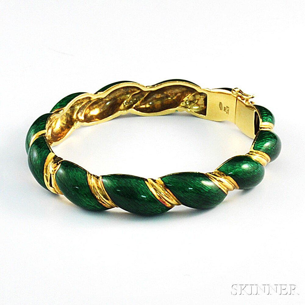 Appraisal: Italian kt Gold and Green Enamel Bangle the hinged bracelet