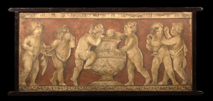 Appraisal: Large Franco-Italian Oil-on-Canvas Pompeian Panel of Bacchic Putti depicted frolicking