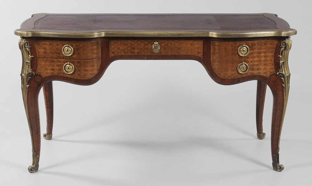 Appraisal: Louis XV Style Parquetry-Inlaid Bronze-Mounted Bureau Plat French th century