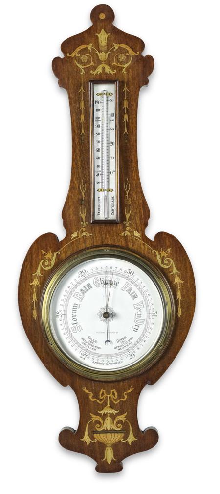 Appraisal: EDWARDIAN MAHOGANY MARQUETRY WHEEL BAROMETER BY J LIZARS GLASGOW CIRCA