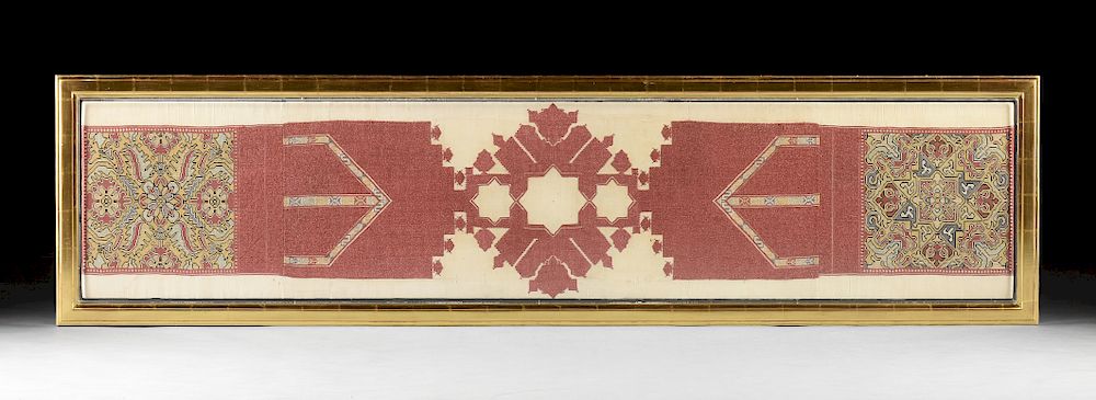 Appraisal: AN ANTIQUE MOROCCAN POLYCHROME ON CLARET RED GROUND CROSS STITCHED