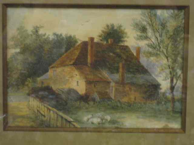 Appraisal: th Century Watercolor Sheep Beside afarmhouse '' x ''