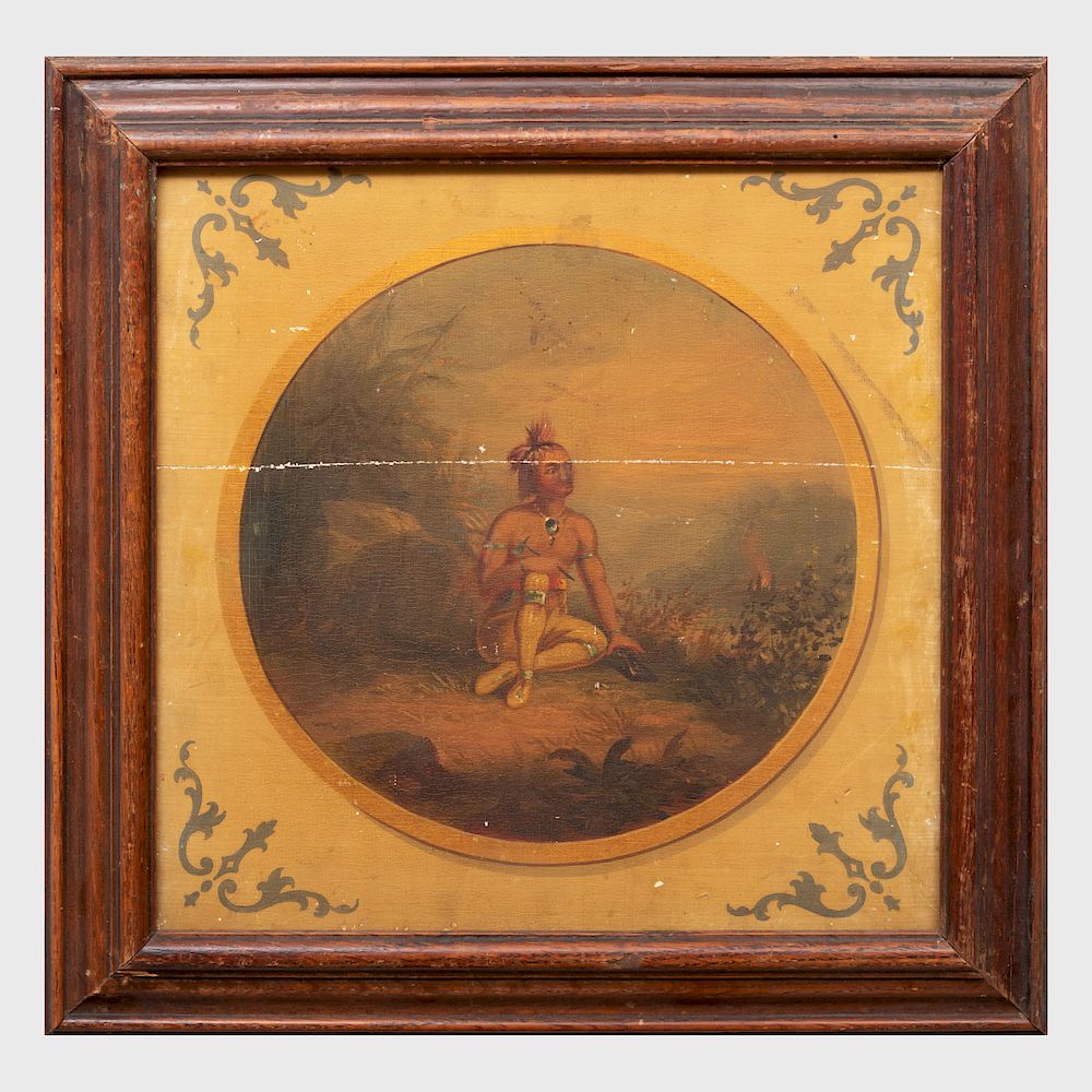 Appraisal: American School Seated Warrior Oil on board unsigned x in