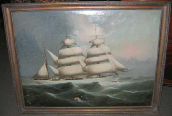 Appraisal: PUN WOO CHINESE IOLANI clipper ship in choppy seas oil