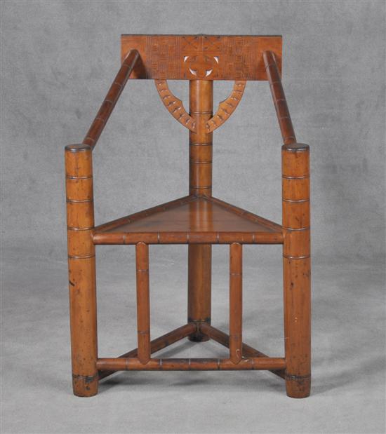 Appraisal: Carved Triangular Form Chair th Century Bamboo turned elements Chip