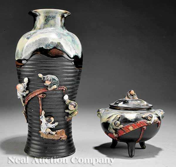 Appraisal: Two Japanese Sumida Ware Figural Vessels early th c black