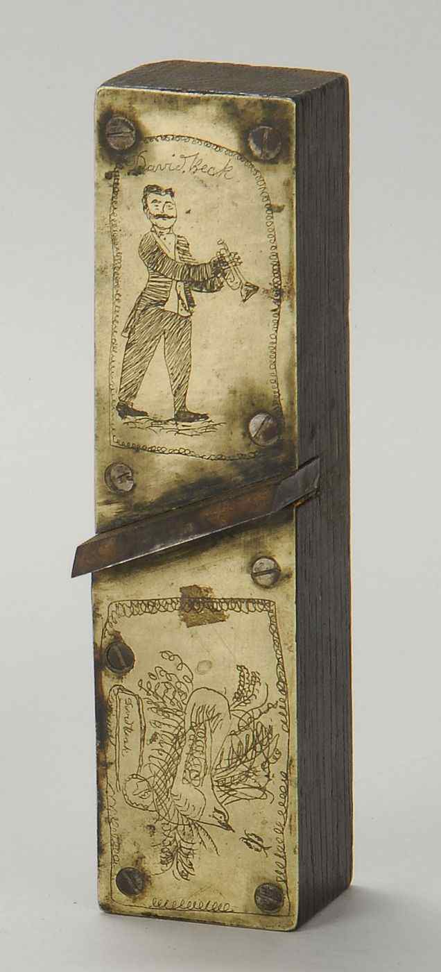 Appraisal: SCRAPER MOUNTED WITH ENGRAVED METAL PLATELate th Early th CenturyEngraved