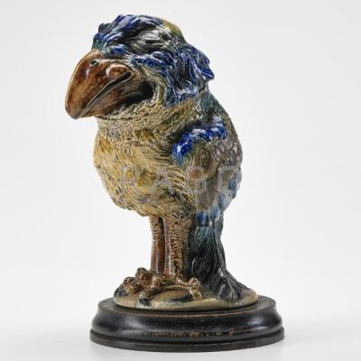 Appraisal: MARTIN BROTHERS Bird tobacco jar England Salt-glazed stoneware enameled wood