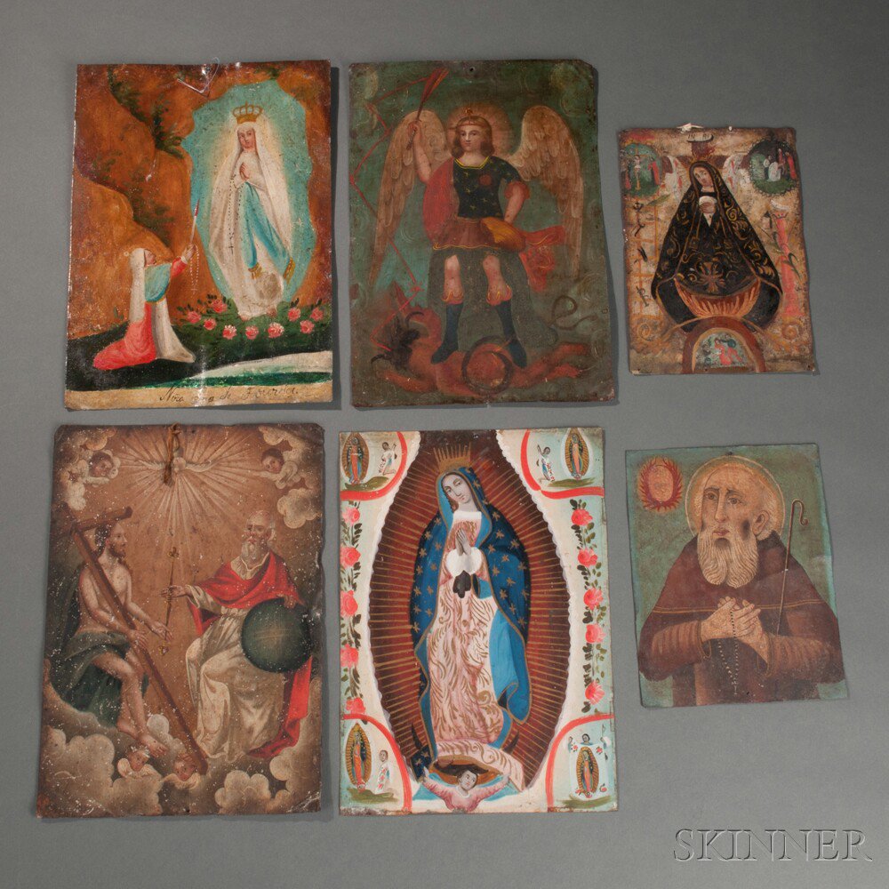 Appraisal: Six Mexican Polychrome Tin Retablos various saints and depictions including