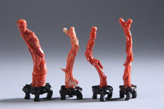 Appraisal: FOUR CHINESE CORAL FIGURES OF MEIREN Late th early th