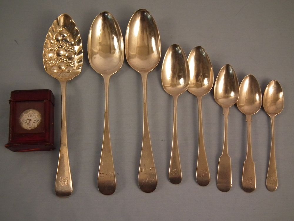 Appraisal: ENGLISH SPOONS POCKET WATCH Lot of antique sterling silver spoons