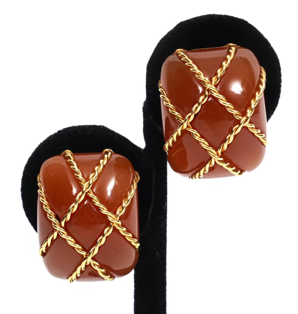 Appraisal: SEAMAN SCHEPPS K YG CARNELIAN EARRINGSSeaman Schepps K yellow gold