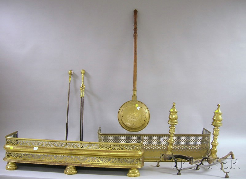 Appraisal: Seven Pieces of Brass Fireplace Equipment and Accessories two pierced