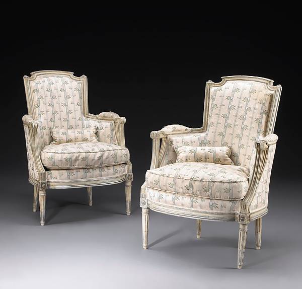 Appraisal: A pair of Louis XV painted beechwood upholstered bergeres late