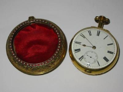 Appraisal: AN ENAMEL AND GILT METAL PAIR CASED WATCH the movement