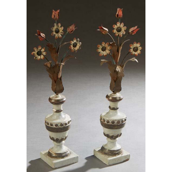 Appraisal: Pair of Italian Polychromed Gilt Wood and Iron Floral Garnitures