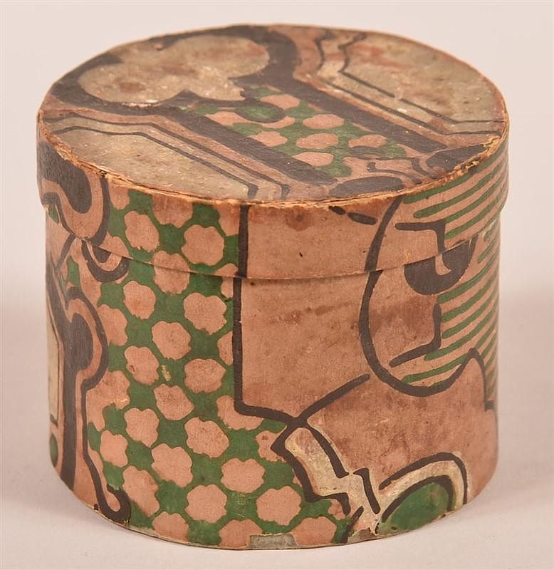 Appraisal: Wallpaper Covered Trinket Canister Mid th Century Wallpaper Covered Trinket