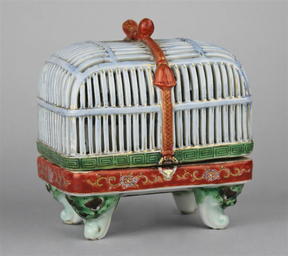 Appraisal: JAPANESE IMARI CRICKET CAGE-FORM CENSER TH C in Tomobako -