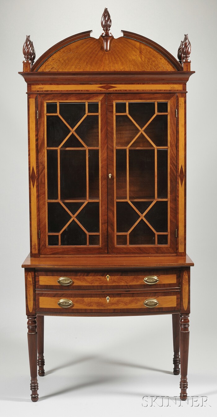 Appraisal: Federal-style Glazed Inlaid and Carved Arch-top Book Cabinet upper case